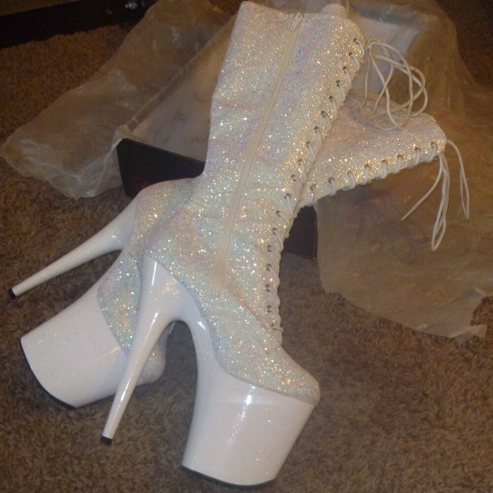Pleaser 2020 Icy Glitter Knee High 8" Dance Pole Heels White Size 11